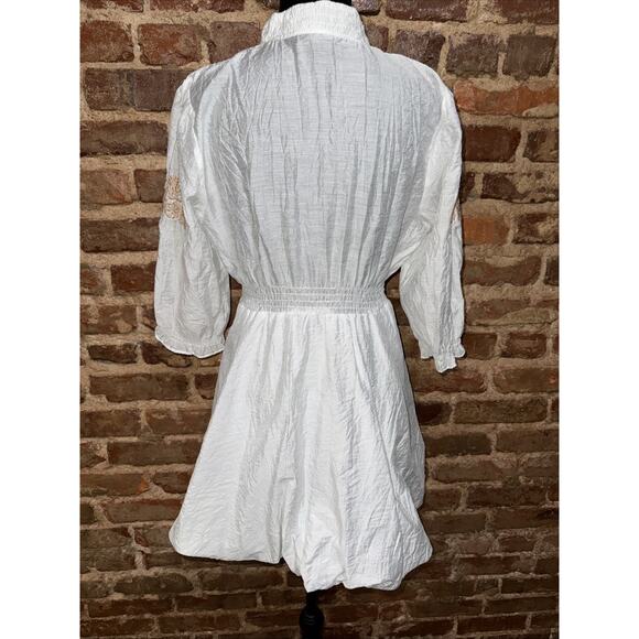 Neslay Paris White Crepe Embroidered Dress Sz M Short Sleeve Bubble Hem Coastal - Picture 5 of 10
